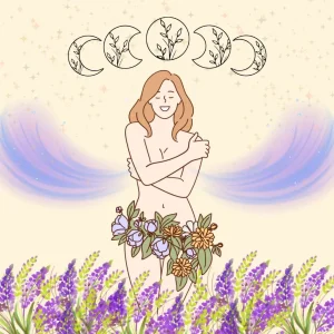 Illustration einer Frau inmitten von Heilpflanzen mit Mondphasen-Symbolik als Ausdruck weiblicher Gesundheit und Zykluswissen.